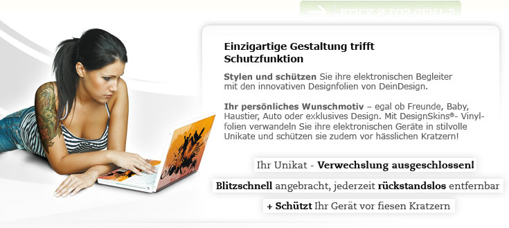 Einzigartige Gestaltung trifft Schutzfunktion! Stylen und schützen Sie ihre elektronischen Begleiter mit den innovativen Designfolien von DeinDesign. Ihr persönliches Wunschmotiv – egal ob Firmenlogo, Urlaubsbilder oder exklusives Design: Mit DesignSkins®-Vinylfolien verwandeln Sie ihre elektronischen Geräte in stilvolle Unikate und schützen sie zudem vor hässlichen Kratzern! +++ Ihr Design - Verwechslung ausgeschlossen! +++ Blitzschnell angebracht, jederzeit rückstandslos entfernbar +++  Schützt Ihr Gerät vor Kratzern